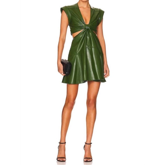 A.L.C. Lexi Faux Leather Cut Out Mini Flounce Hem Dress Size 6 Forest Green - Picture 3 of 13